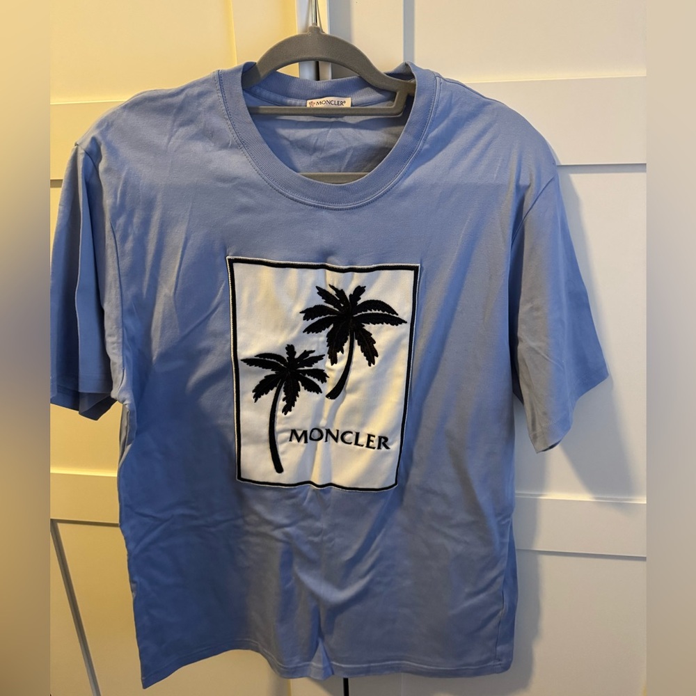 Moncler Blue and Black Short Sleeve Tee with Palm Tree Design
